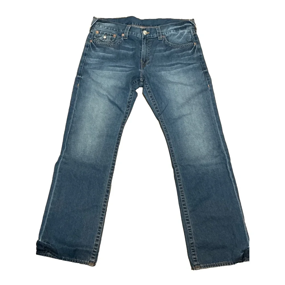True Religion Ricky Jeans Mens 38x34 Blue Denim Straight Flap Pocket USA Made